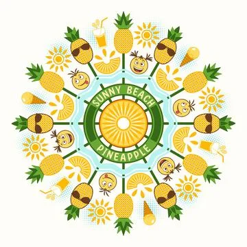 Round ornament with pineapple fruit, ice cream, juice, emoji 스톡 일러스트