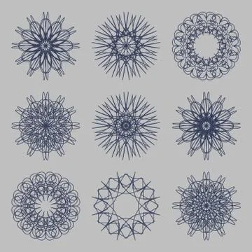 Round ornament set. Circle, snowflake and floral ornament linear vector Stock Illustration