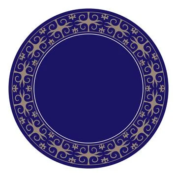 Round ornamental frame plate in Eastern style. Oriental round frame golden blue  Stock Illustration