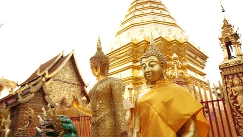 Round Pano of Different Buddha statues of gold and jade in Wat Phra That Doi Stock Footage 88294667