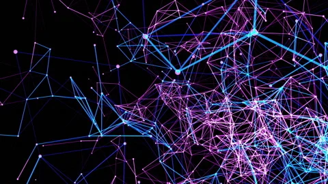 Round particles interconnected with a neon glow slowly move against a black back Video stock 121412077