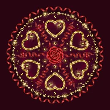 Round pattern with heart, beads, spiral ribbon, streamer, halftone shapes. イラスト素材