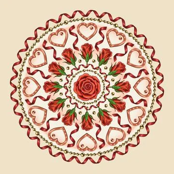 Round pattern with heart, beads, spiral ribbon, streamer, halftone shapes, .. Stock Illustration