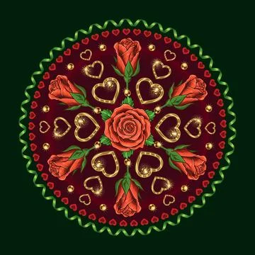 Round pattern with heart, roses, beads, spiral ribbon, streamer, halftone sha Stock Illustration