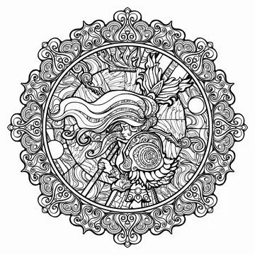 Round pattern in Indian style with many symmetrical curls, in the center is a Stock Illustration