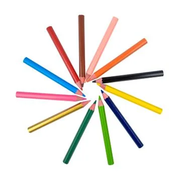Round pattern made with many different colored wood pencil crayons on white Stock Photos