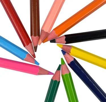 A round pattern made with many different colored wood pencil crayons on white Stock Photos