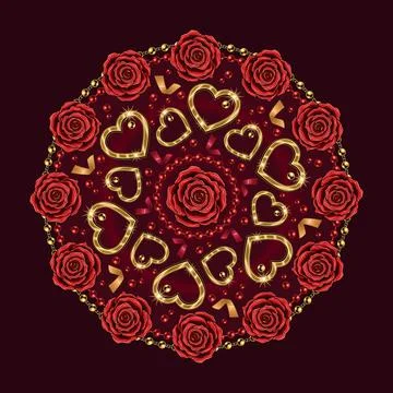 Round pattern like mandala with red roses, golden heart, string of beads. Stock Illustration