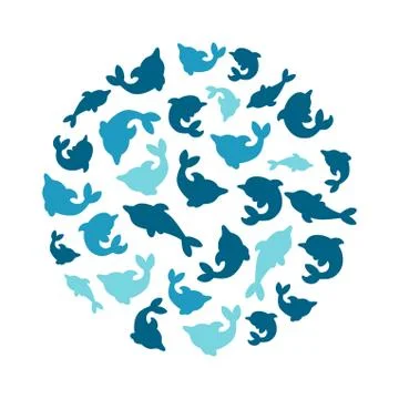 Round pattern with silhouettes of dolphins. Set of blue dolphins. Vector Illustrazione stock