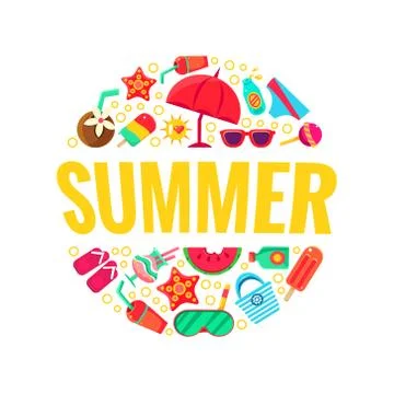 Round pattern of things for a summer holiday. Vector illustration. Illustrazione stock