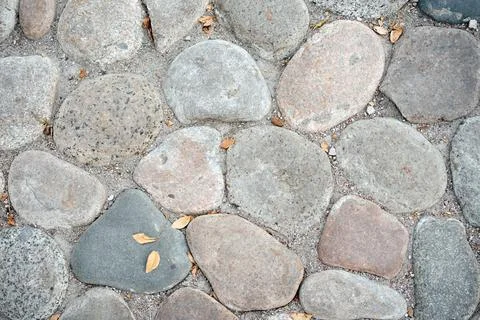 Round pebble stone pavement texture. Fixed by concrete. Stock Photos
