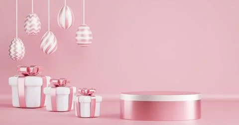 Round pedestal podium with Easter decor on a pink background. Stock Illustration