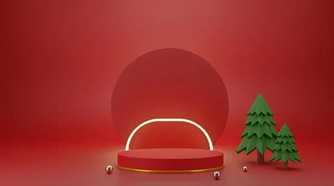Round pedestal showcase display with circle stand and glowing frame, 3D rende Stock Illustration