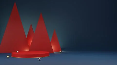 Round pedestal showcase display with triangle stand, 3D render illustration Stock Illustration