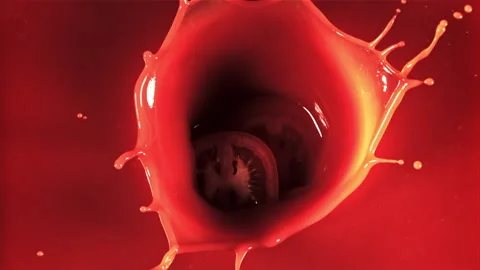 A round piece of tomato falls into tomato juice with splashes. Filmed on a high Stock Footage 169476486