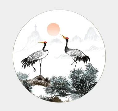 Round pine crane  year-end ink painting Illustrazione stock