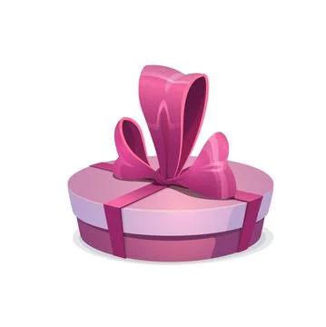 Round pink gift box with bow, vector present Stock Illustration