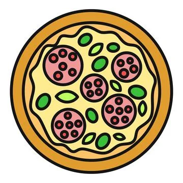 Round pizza with pepperoni and basil flat illustration Stock Illustration