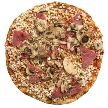 A round pizza sits on a flat surface, covered with cheese, ham slices, and mu Stock Photos