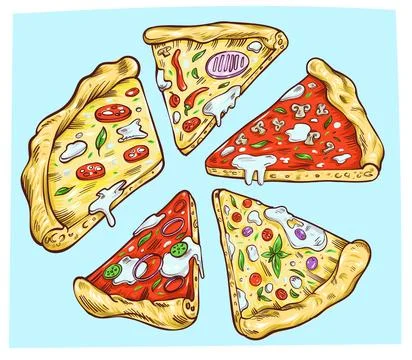 Round pizza slices with explosive effect. vector illustration in cartoon styl Stock Illustration
