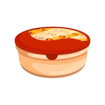 Round plastic container for food storage holding lasagna with cheese crust Stock Illustration