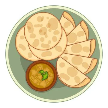 Round plate presenting roti canai flatbread served with curry dip Illustrazione stock