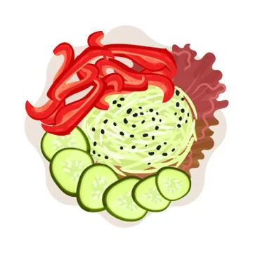 Round plate with sliced cabbage on a red sheet of salad. Vector illustration. Stock Illustration