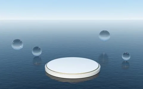 Round platform floating on the water surface, 3d rendering. Illustrazione stock