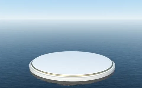 Round platform floating on the water surface, 3d rendering. Illustrazione stock