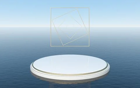 Round platform floating on the water surface, 3d rendering. Illustrazione stock
