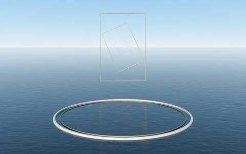 Round platform floating on the water surface, 3d rendering. Illustrazione stock