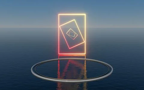 Round platform floating on the water surface, 3d rendering. Illustrazione stock