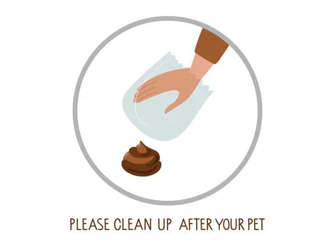 Round Please Clean up after your dog sing. Human hand in transparent bag going Illustrazione stock