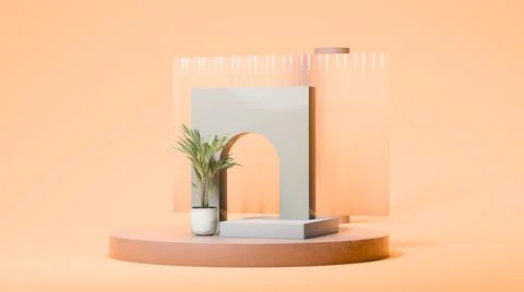 Round podium display, gray wall with hole, small palm tree in vase and square Stock Illustration
