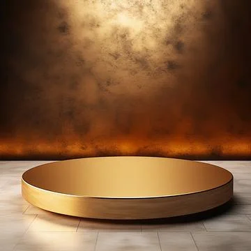 Round podium, Empty Gold wall Gold background for product presentation. Illustrazione stock