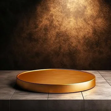 Round podium, Empty Gold wall Gold background for product presentation. Illustrazione stock