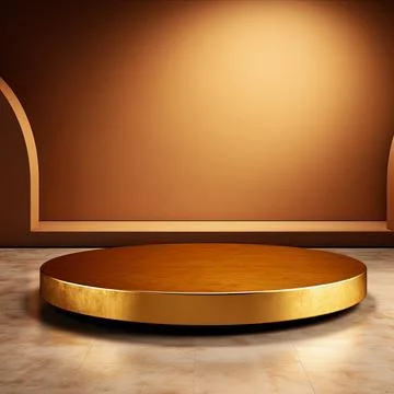 Round podium, Empty Gold wall Gold background for product presentation. Illustrazione stock