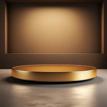 Round podium, Empty Gold wall Gold background for product presentation. Illustrazione stock