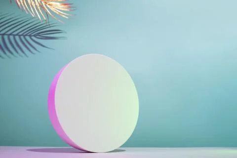 Round podium mockup in horizontal composition with golden palm leaves on a bl Stock Photos