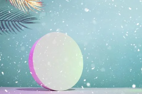 Round podium mockup in horizontal composition with golden palm leaves on a bl Stockfoto's