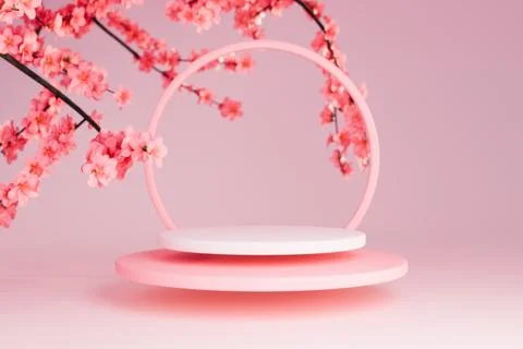 Round podium with sakura tree frame 3D. Stock Illustration