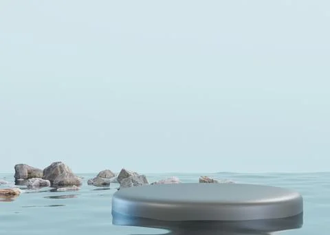 Round podium standing in water with rocks, blue background. Mock up for product Stock Illustration