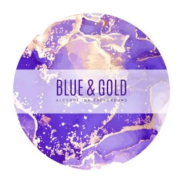 Round poster, wet ink background, blue, gold Stock Illustration