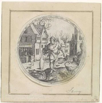 . Round presentation of the fire element: a man stirs in a cooking pot tha... Stockfoto's