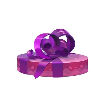 Round purple gift box with bow, vector present Stock Illustration