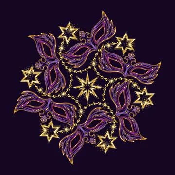 Round purple pattern like mandala for Carnival. Masquerade mask, golden stars Stock Illustration