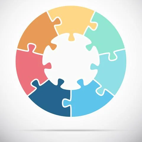 Round puzzle, white base with 7 options Stock Illustration