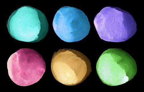 Round rainbow watercolor frames set, circle shape form isolated on black Stock Illustration