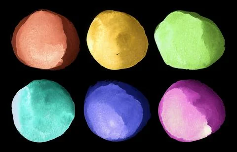 Round rainbow watercolor frames set, circle shape form isolated on black Stock Illustration