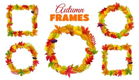 Round, rectangle autumn fall season leaves frames Stock Illustration